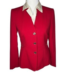 Tahari ASL Red Business Suit Jacket Blazer Size 4 Horse Bit Buckles Gold Buttons